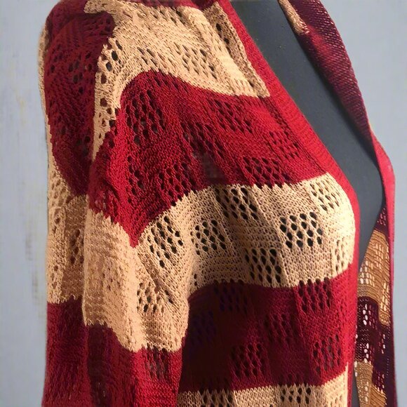 Open Knitted Striped Hooded Cardigan w/ Pockets - Picture 6 of 11